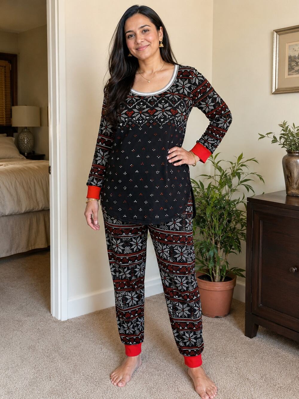 LR3900 Secret Treasures Pajama Set 3X Black Red Fair Isle Fleece Lounge Set